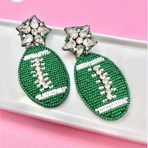NEW GREEN & WHITE Football Earrings Beaded Bling Rhinestones Dangle